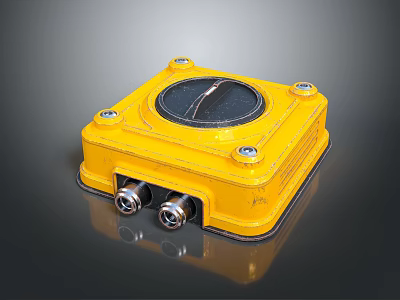 Durable Yellow Square Industrial Device With Circular Top And Bottom Metal Connectors 3d model