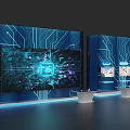Display Island Featuring Blue Circuit Board Background Screens Tech Pattern Small Windows And Blue Lighting