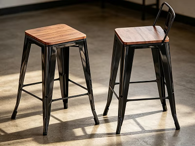 Modern Industrial Bar Stools With Black Metal Frame And Wooden Seat On Concrete Floor 3d model