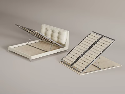 Double Bed Frame With Metal Slats Wooden Base And White Mattress 3d model