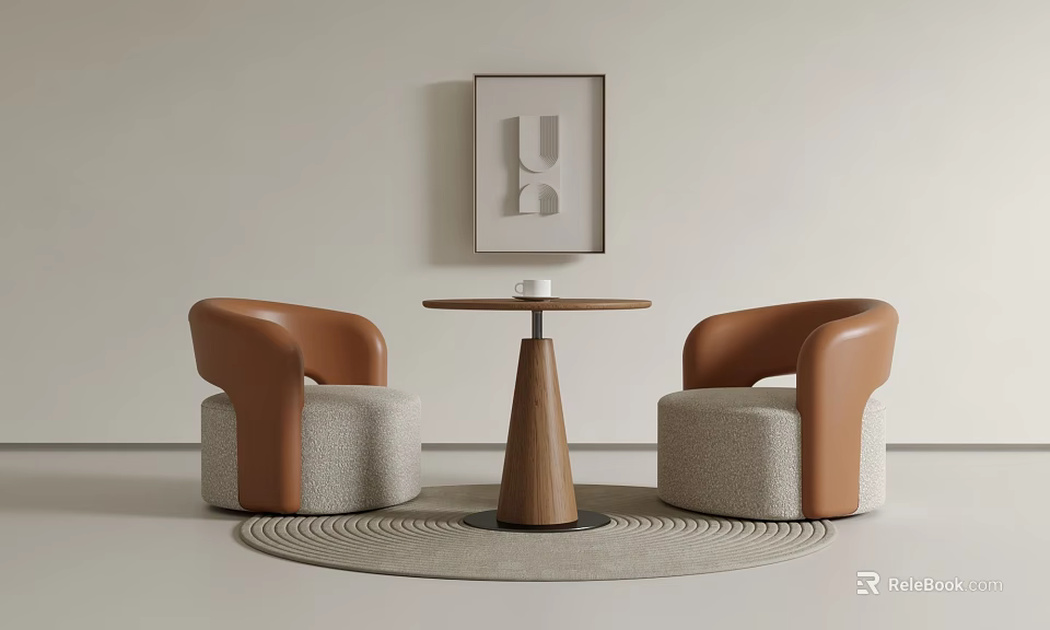 Modern Round Wooden Table With Beige And Brown Upholstered Chairs Wall Art And Round Rug 3d model 