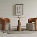 Modern Round Wooden Table With Beige And Brown Upholstered Chairs Wall Art And Round Rug
