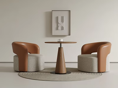 Modern Round Wooden Table With Beige And Brown Upholstered Chairs Wall Art And Round Rug 3d model