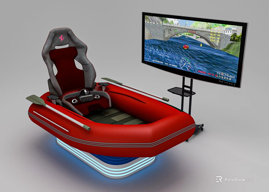 Red Inflatable Boat Shaped Gaming Simulator Seat With Large Monitor And Control Panel 3d model 