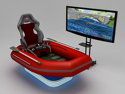 Red Inflatable Boat Shaped Gaming Simulator Seat With Large Monitor And Control Panel 3d model
