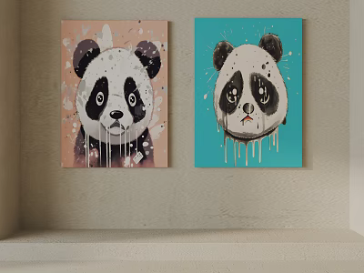 Panda Animal Paintings With Sad Expressions On Pink And Blue Backgrounds And Dripping Paint Effect 3d model