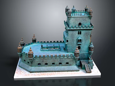 Historic Teal Castle Tower Architecture With Spired Turrets Arched Windows And Stone Platform 3d model
