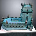Historic Teal Castle Tower Architecture With Spired Turrets Arched Windows And Stone Platform