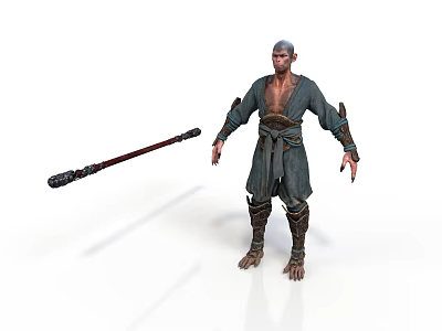 Bald Man In Traditional Green Robe Holding Long Wooden Staff With Leather Straps 3d model