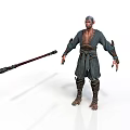 Bald Man In Traditional Green Robe Holding Long Wooden Staff With Leather Straps