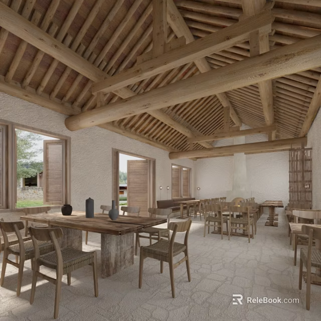 Rustic Restaurant Interior With Wooden Roof Beams Large Windows Rough White Walls And Natural Light 3d model 