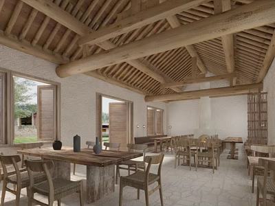 Rustic Restaurant Interior With Wooden Roof Beams Large Windows Rough White Walls And Natural Light 3d model