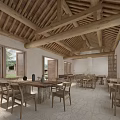 Rustic Restaurant Interior With Wooden Roof Beams Large Windows Rough White Walls And Natural Light