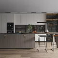 Modern Restaurant Kitchen With Open Concept Island Bar Stools Wooden Floors And Wine Cabinets