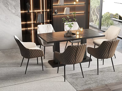 Elegant Modern Dining Table Set With Upholstered Chairs And Decorative Centerpiece In Interior 3d model