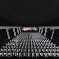 Contemporary Showroom Stage with Large Curved Screen Modern Building Display and Square Decor on Dark Floor