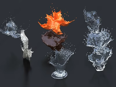 Water Splash Decorative Ornament Set with Orange Transparent Brown Glass Art Pieces on Black Background 3d model