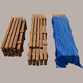 Stacked Wooden Planks With Blue Tarp Cover For Storage And Transport