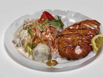 Delicious Breaded Chicken Steak With Fresh Vegetable Salad Creamy Mashed Potato And Lemon Slice 3d model