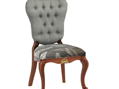 Classic Dining Chair With Grey Tufted Backrest Leaf Pattern Seat Cushion Wooden Legs Brass Accents 3d model