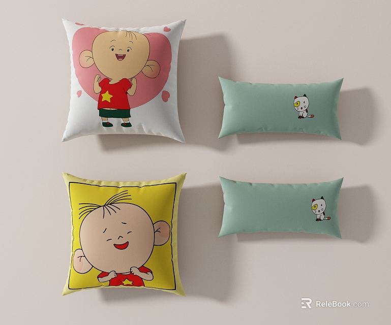 Cute Cartoon Character Decorative Pillows With Pink Yellow And Light Green Designs 3d model 