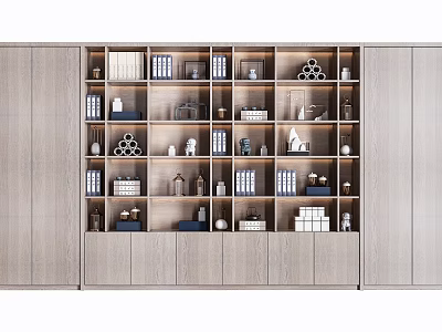 Modern Wooden Bookcase With Open Shelves Books Geometric Decorations And Side Cabinet Doors 3d model