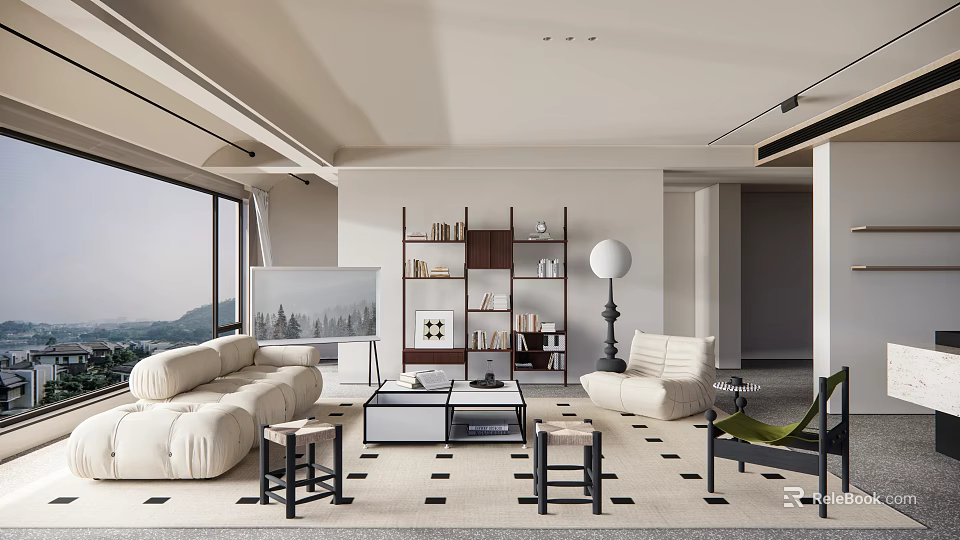 Modern Living Room Interior With White Sofa Coffee Table Bookshelf Floor Lamp And Large Windows 3d model 