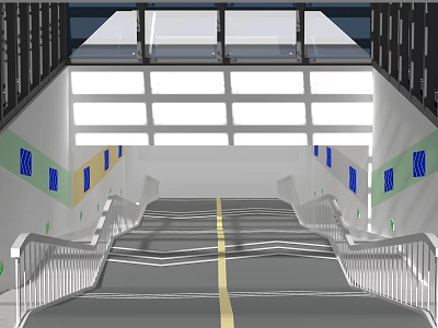 Underground Passage with Skylight Staircase Yellow Dividing Line Green and Blue Wall Decorations and Railings 3d model