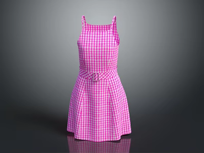 Stylish Pink Checkered Sleeveless Fit And Flare Dress For Women With Belt 3d model