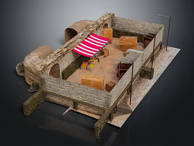 Ancient Stone Building With Arched Structure Red White Striped Awning And Wooden Crates 3d model