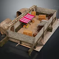 Ancient Stone Building With Arched Structure Red White Striped Awning And Wooden Crates