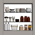 Various Stylish Spice Jars On Kitchen Shelf With Organized Storage And Utensils