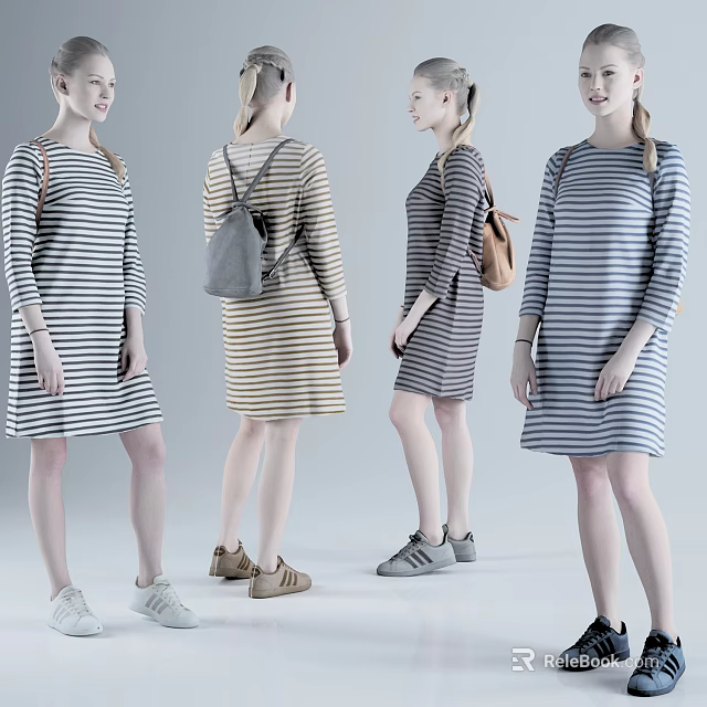 Women Wearing Striped Dresses In Different Colors With Backpacks And Shoes 3d model 