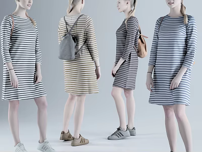 Women Wearing Striped Dresses In Different Colors With Backpacks And Shoes 3d model