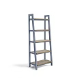 Ladder Style Display Shelf With Multi Tiered Wooden Shelves And Blue Frame