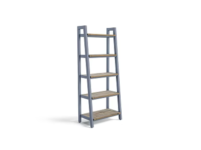Ladder Style Display Shelf With Multi Tiered Wooden Shelves And Blue Frame 3d model