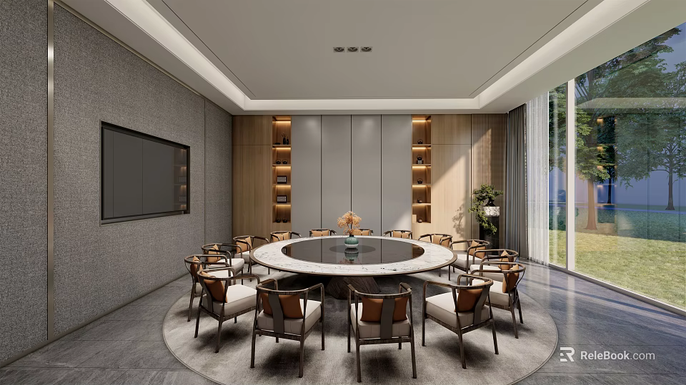 Modern Private Dining Room With Round Table Multiple Chairs And Floor To Ceiling Windows 3d model