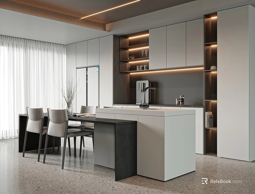 Modern Restaurant Kitchen Interior Open Concept With Island Counter Cabinets Appliances And Dining Table 3d model 