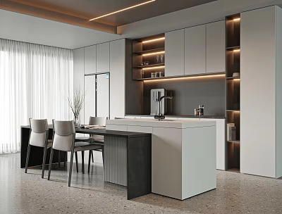 Modern Restaurant Kitchen Interior Open Concept With Island Counter Cabinets Appliances And Dining Table 3d model