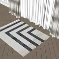 Square Rug With Black And White Stripes On Wooden Floor Near Curtains