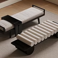 Modern Upholstered Benches With Black Frames White Cushions Cylindrical Design On Carpet Wooden Floor