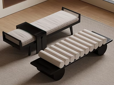 Modern Upholstered Benches With Black Frames White Cushions Cylindrical Design On Carpet Wooden Floor 3d model