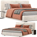 Modern Double Bed Interior Design With Orange Pillows Gray Bedspread And White Headboard 3d model