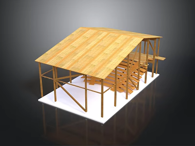 Wooden Building Frame Structure With Sloped Roof Support Beams And Staircase 3d model