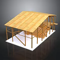 Wooden Building Frame Structure With Sloped Roof Support Beams And Staircase
