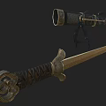 Traditional Handcrafted Weapons Sword And Bow With Intricate Carved Patterns And Wooden Handles