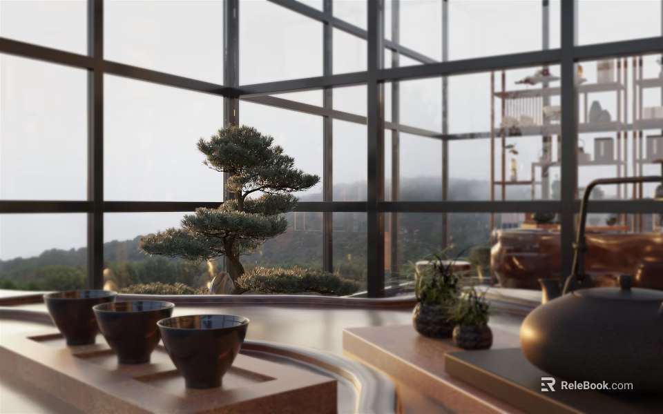 Modern Villa Balcony With Large Glass Walls Mountain View Bonsai Tree And Ceramic Bowls 3d model 