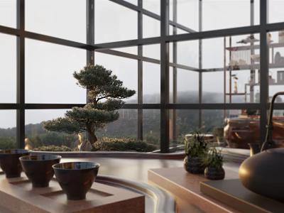 Modern Villa Balcony With Large Glass Walls Mountain View Bonsai Tree And Ceramic Bowls 3d model