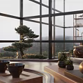 Modern Villa Balcony With Large Glass Walls Mountain View Bonsai Tree And Ceramic Bowls