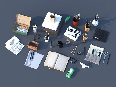 Desk Decorative Ornament Set With Open Notebook Scissors Pen Holder And Stationery 3d model